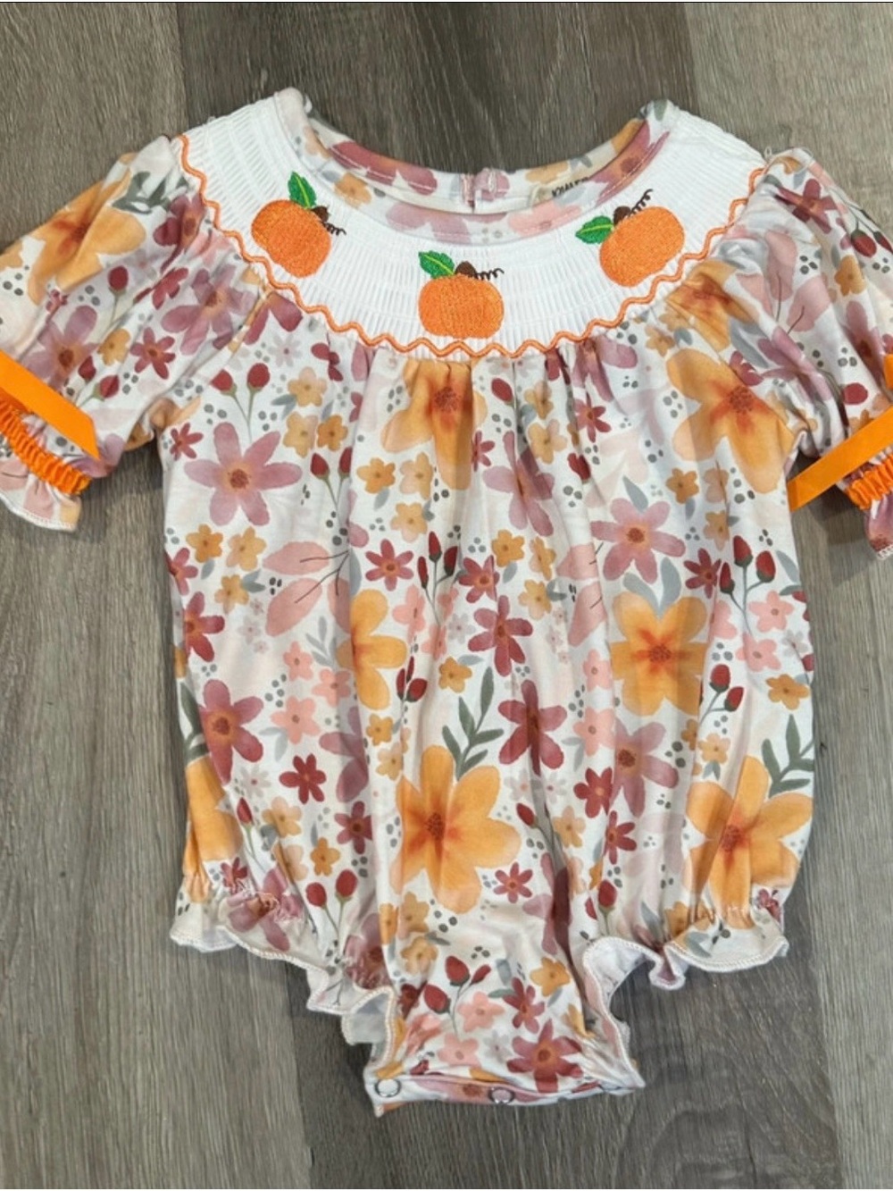Girls' Floral Pumpkin Smocked Bubble Romper - Orange Rylee Faith